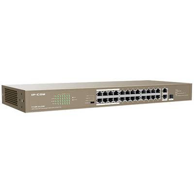 An IP-COM network switch with 24 Ethernet ports, green LED indicators for operational status, suitable for distribution in networks.