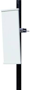 A white antenna is attached to a black mast. The antenna is rectangular and tilted to the right.