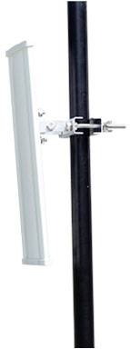 Antenna mast with a mounted rectangular, white flat antenna attached to a black, vertical metal pole.