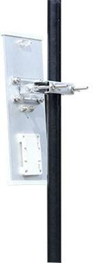 Metallic component mounted on a rod, likely part of a technical installation or mounting bracket.