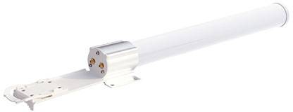 A white, cylindrical tube motor with a mounting bracket at one end. Used for driving roller shutters or awnings.
