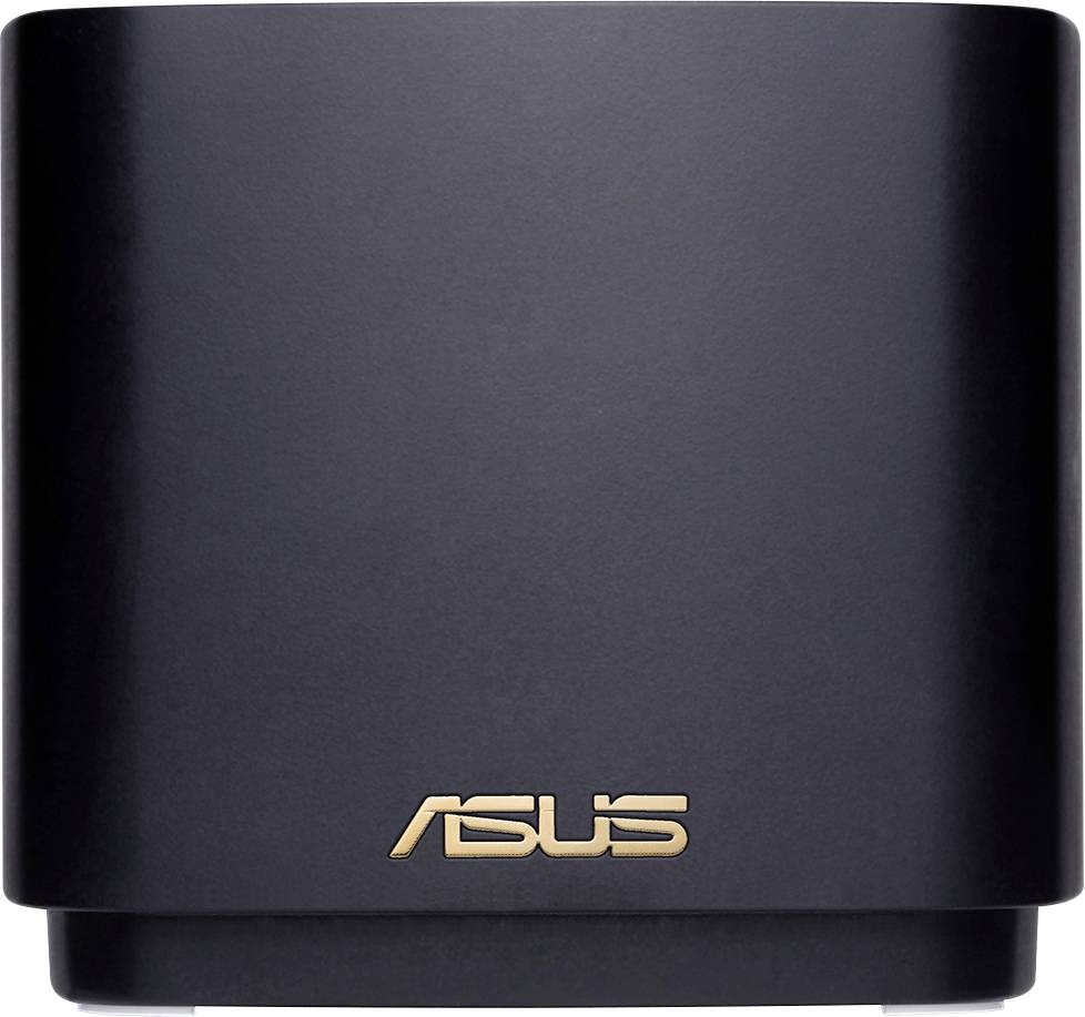 A black Asus Wi-Fi router with a gold-coloured Asus logo on the front.