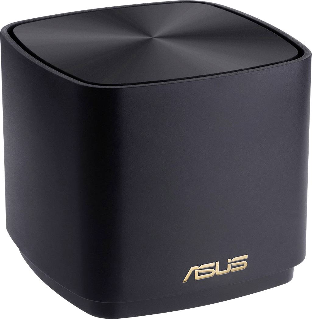 The image depicts a black ASUS Wi-Fi router with an elegant design. The ASUS logo is written in gold lettering on the front.