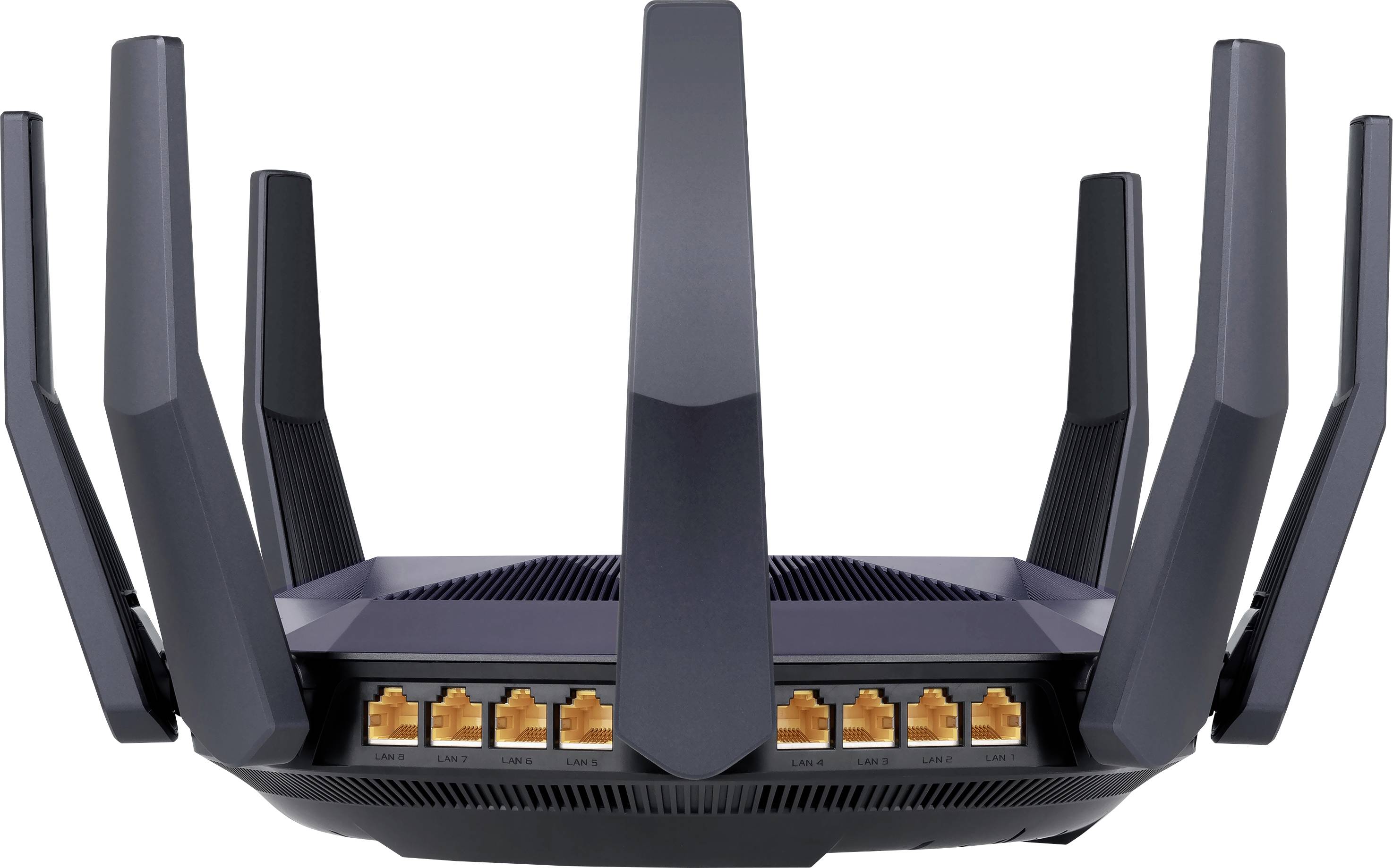 A black router with multiple aerials, showing eight Ethernet ports on the front, suitable for wireless network connections.