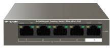The switch shows five Ethernet ports. 'IP-COM' is written on the top left. At the top is a description: '5-Port Gigabit Desktop Switch'.