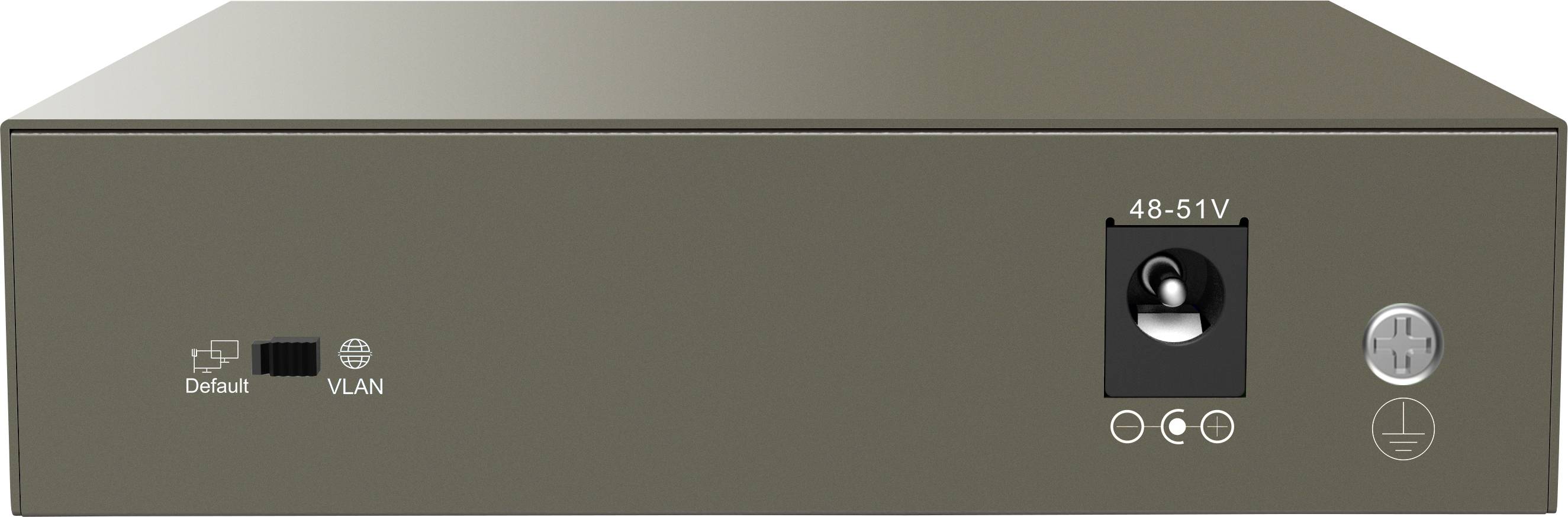 A grey network device with VLAN and default switches, featuring a 48-51V power connection on the front panel.