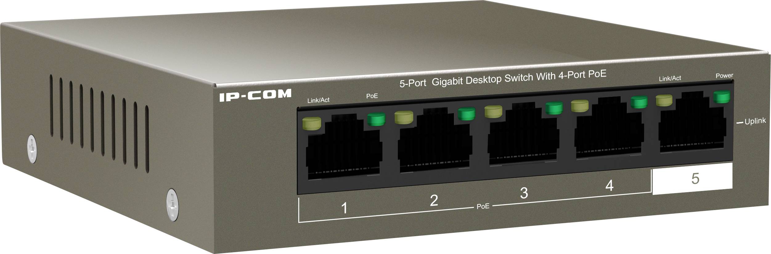 Network switch with five ports, four with PoE functionality. Front side shows ports and status LEDs. Cable management and power supply are visible.