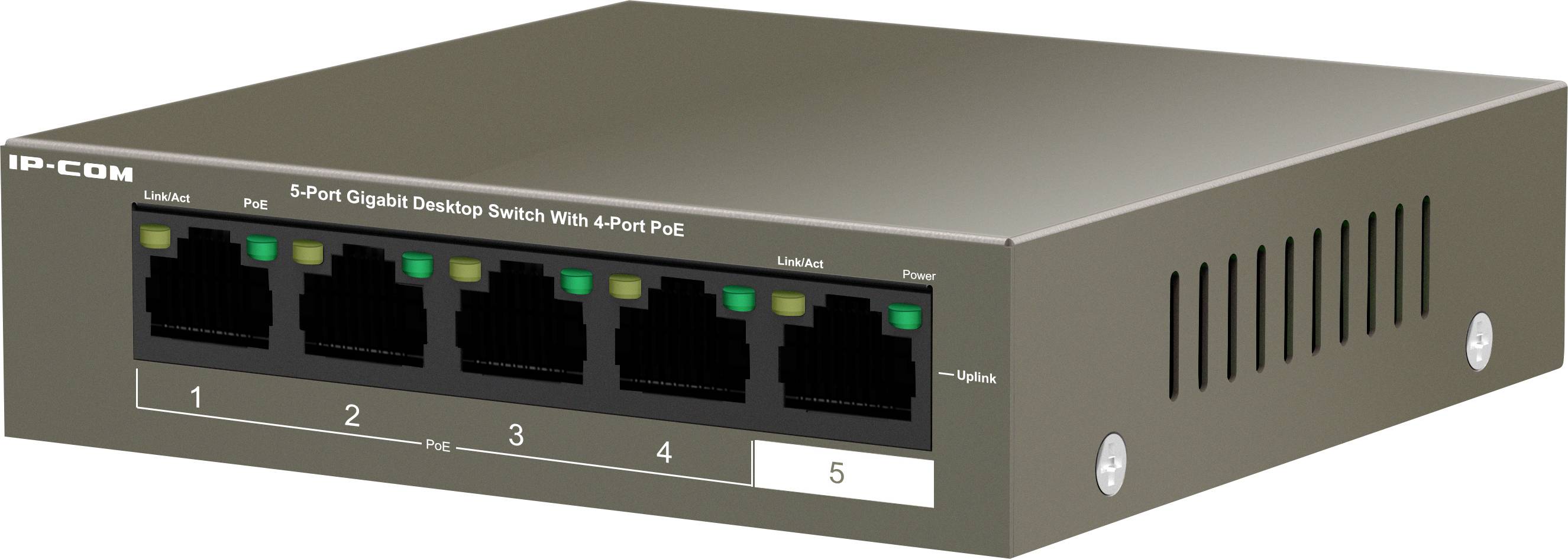 A grey 5-port Gigabit desktop switch with 4 PoE ports, suitable for network applications, front view showing the ports and indicators.
