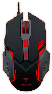 A black gaming mouse with red accents and an illuminated scroll wheel, suitable for computer games.