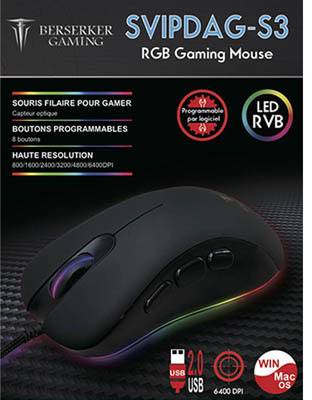 Berserker Gaming S3 Gaming mouse USB Optical Black 8 Buttons 800 dpi, 1600 dpi, 2400 dpi, 3200 dpi, 4800 dpi, 6400 dpi B-2