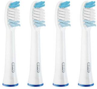 Four white toothbrush heads with blue and white bristles, standing upright side by side, against a white background.