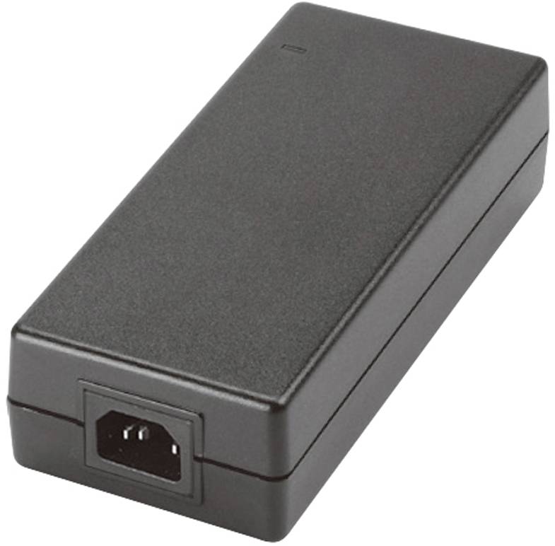 Black power supply in a rectangular shape, with a power socket on the front.