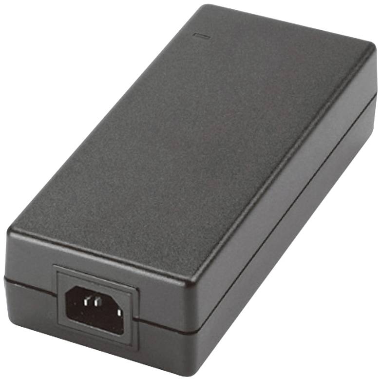 A rectangular, black power adaptor with a socket at one end, for powering electronic devices.