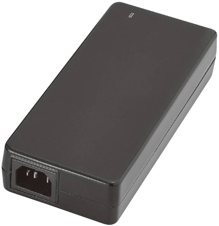 A rectangular, black charger or power adaptor with a three-pin plug on one side.