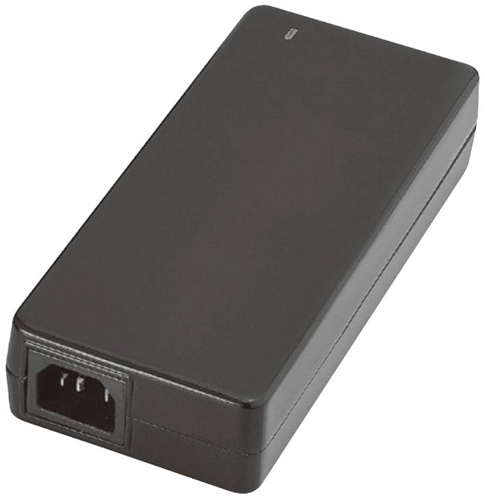 Black power supply, rectangular, with a connection port on the front. Suitable for electronic devices.
