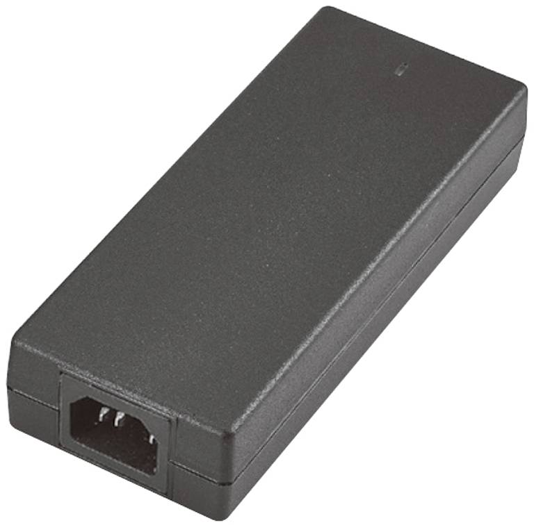 A black, rectangular power supply with a three-pin connector on the front. It is lying flat on a surface.