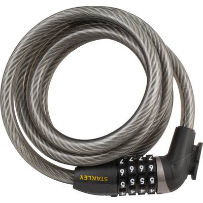 A grey numerical combination cable lock, uncoiled, with a number combination, provides secure bicycle or luggage protection.
