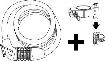 Drawing of a combination lock with a spiral cable and interchangeable locking mechanism. Arrow indicates the exchange procedure.