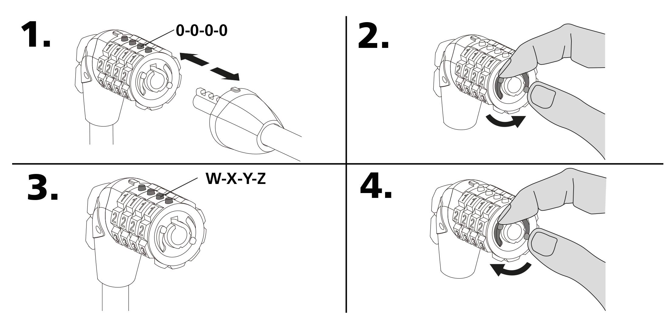 'Instructions for a Number Lock: 1. Turn the dials to 0-0-0-0. 2. Press the button. 3. Set a new combination W-X-Y-Z. 4. Release the button to save.'