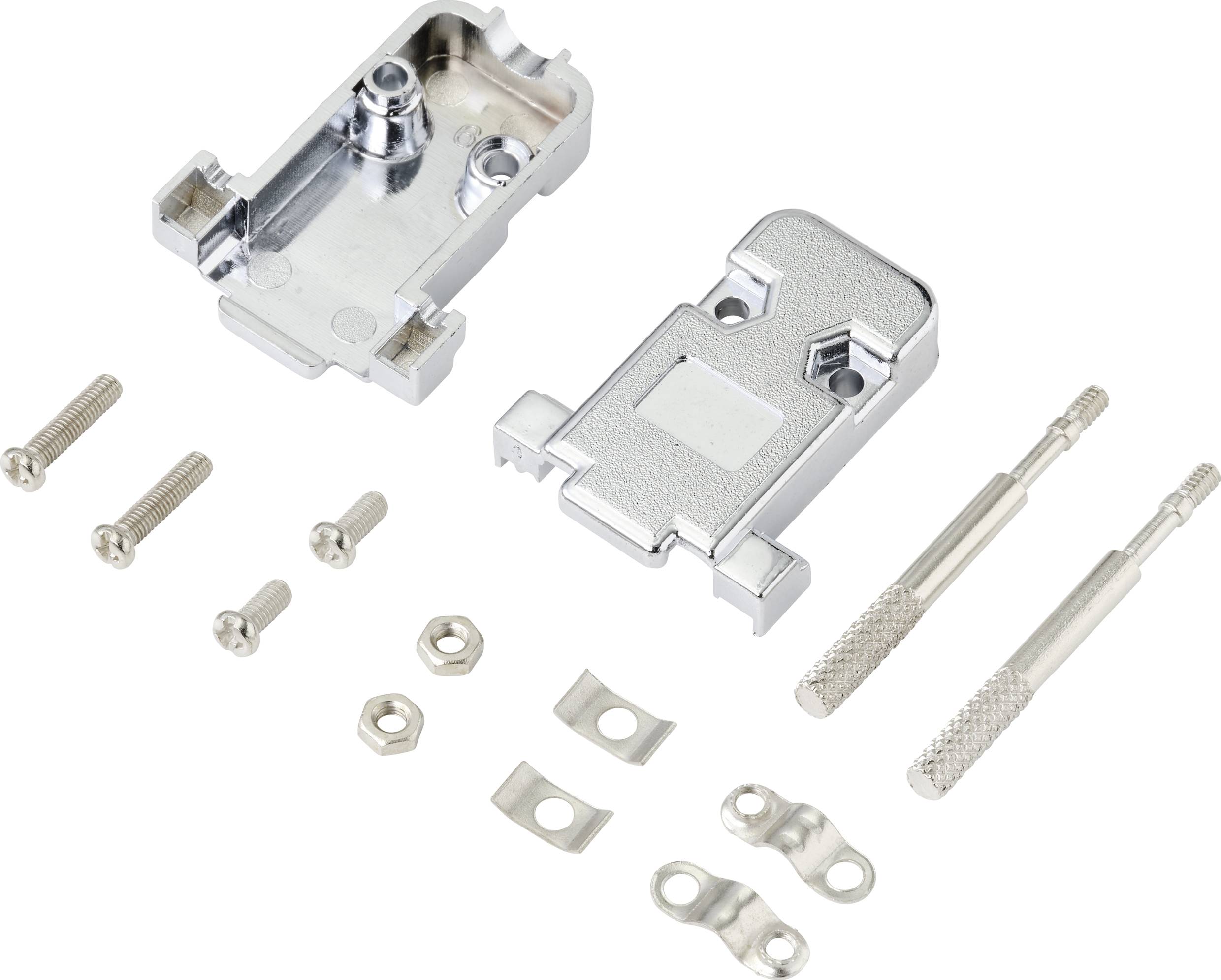 'Metal plug housing set, open, with screws, nuts and cable lugs, suitable for assembling electronic connections.'
