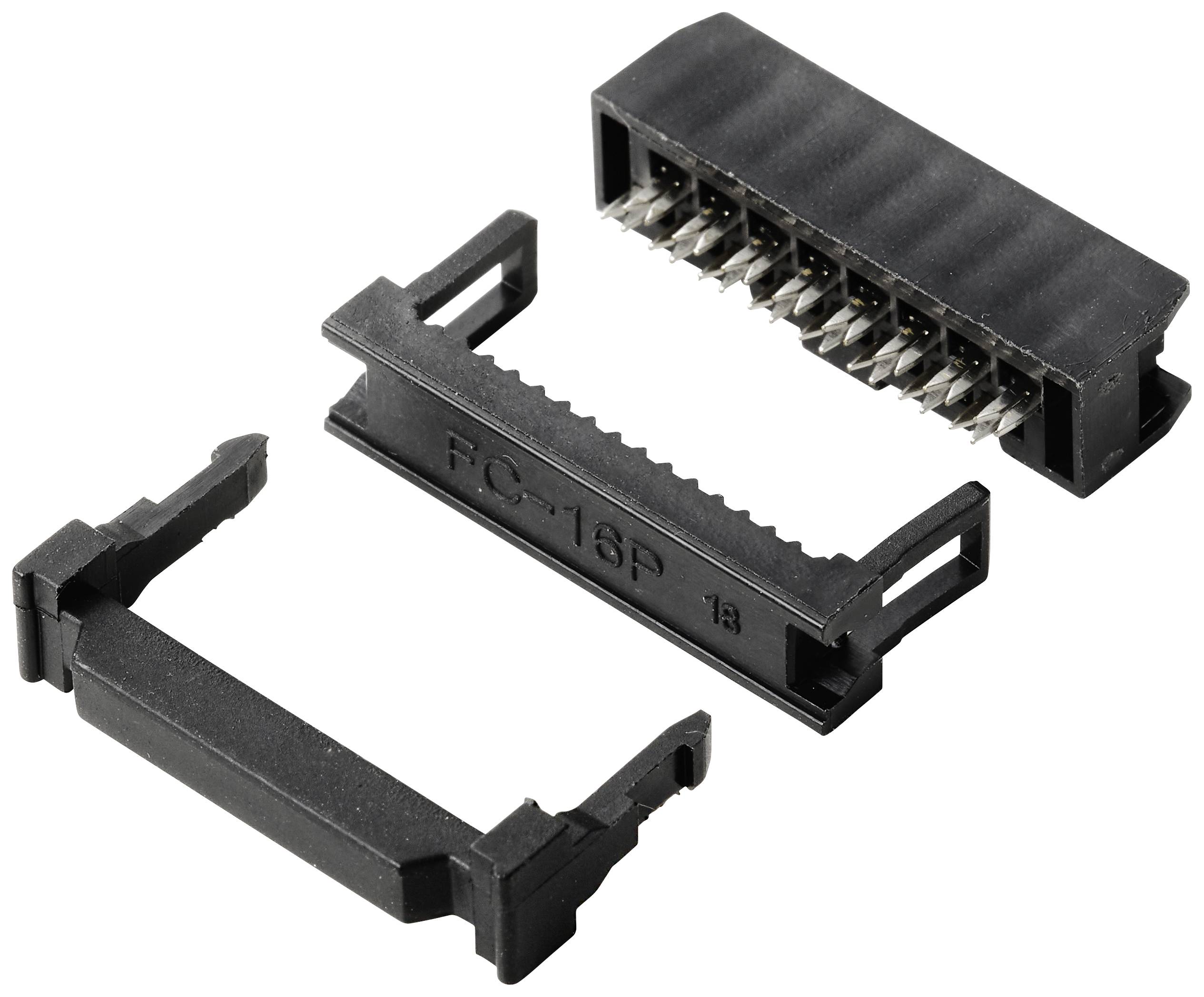 'IDC connector' with three components: housing with six pins and two plastic clips for connecting flat ribbon cables.