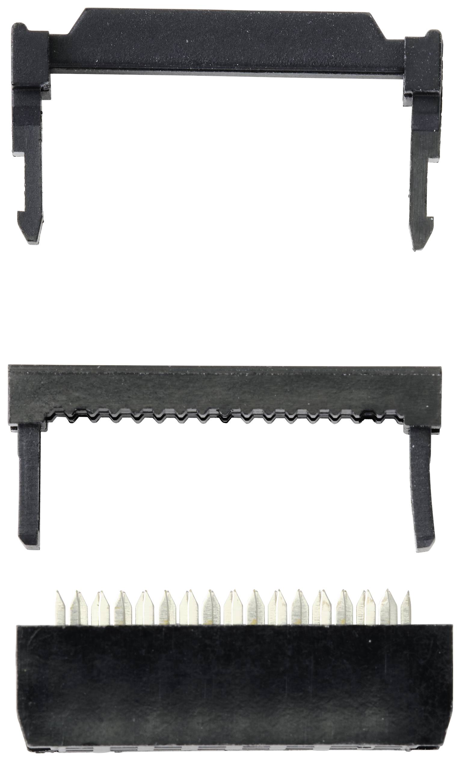 'IDC Connector: At the top is the plastic housing, in the middle the clip mechanism, and at the bottom the metal contacts of the connection row.'