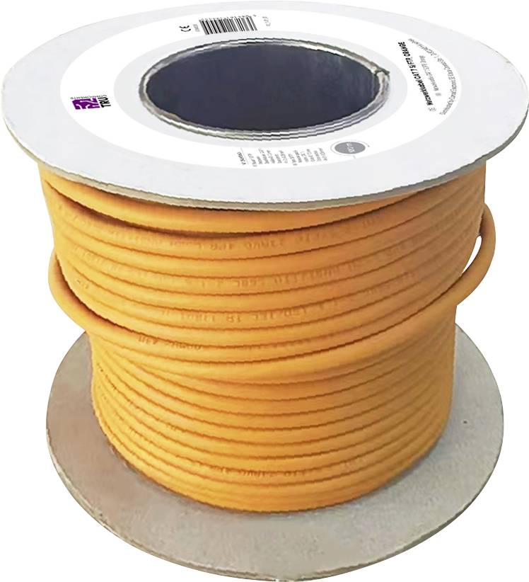 A reel with an orange cable tightly wound around it.
