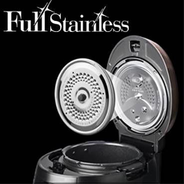 'Rice cooker with open lid and integrated sieve, with the text 'Full Stainles' in the background.'