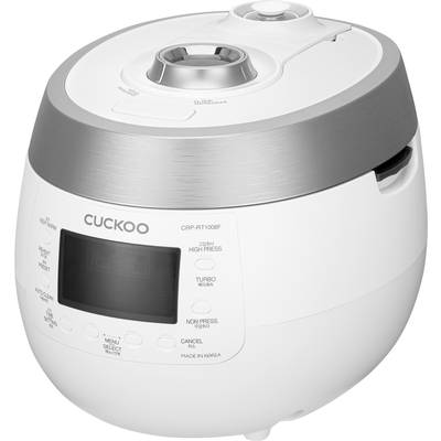 A white and silver electric rice cooker with a digital display. Brand name visible at the top. Suitable for cooking various types of rice.