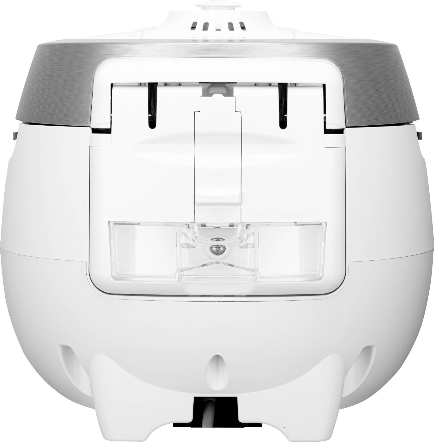 A white kitchen machine that looks like an automatic cooking pot, with silver accents on the top surface.