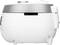 A white electric rice cooker with a silver lid, shown from the side. Several control buttons and a digital display are visible.