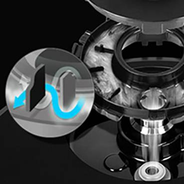 Black technical device with grey tones. Arrow indicates blue flow-like movement from left to right in an inserted circle.