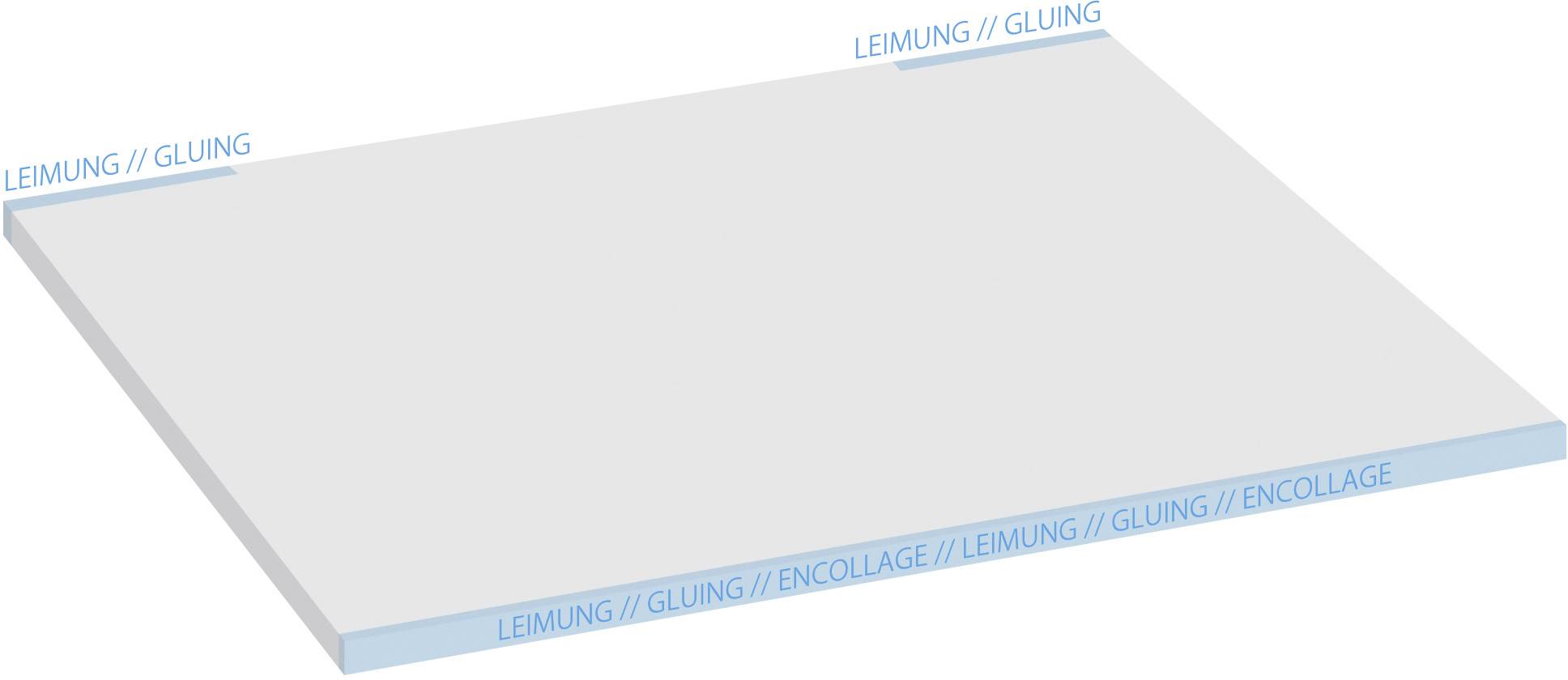 'Illustration of a rectangular panel with blue-marked edges, labelled "GLUING".'