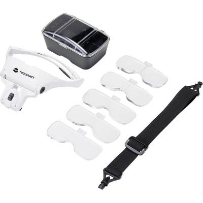 Magnifying head loupe with five lenses, a headlamp, a storage case, and an adjustable headband, suitable for precision work.<br><br>Magnifying head loupe with five lenses, a head torch, a storage case, and an adjustable headband, ideal for precision tasks.
