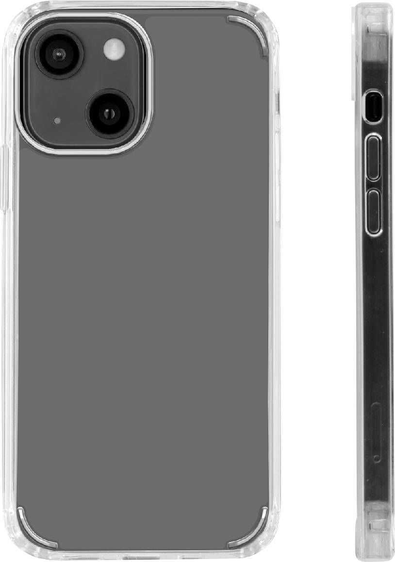 Transparent mobile phone case with two camera cutouts. Front view shows protective cover; side view shows button positions.