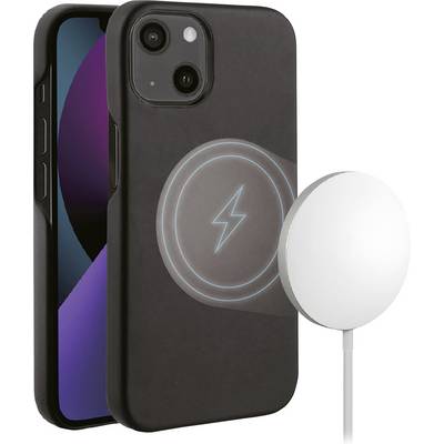 Black smartphone with a wireless charging station displaying a lightning bolt in a circle. Device shows front and back views.