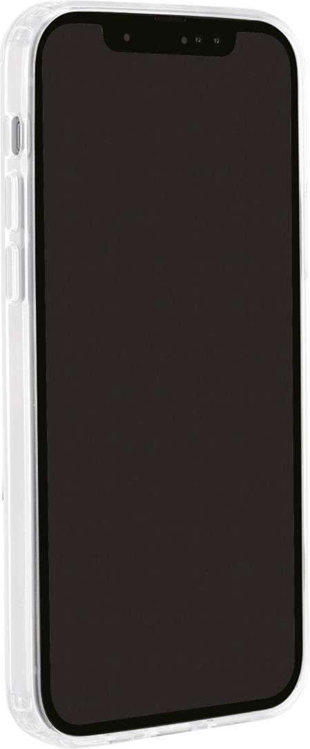 A modern smartphone with a black screen and transparent protective case, shown from the side.