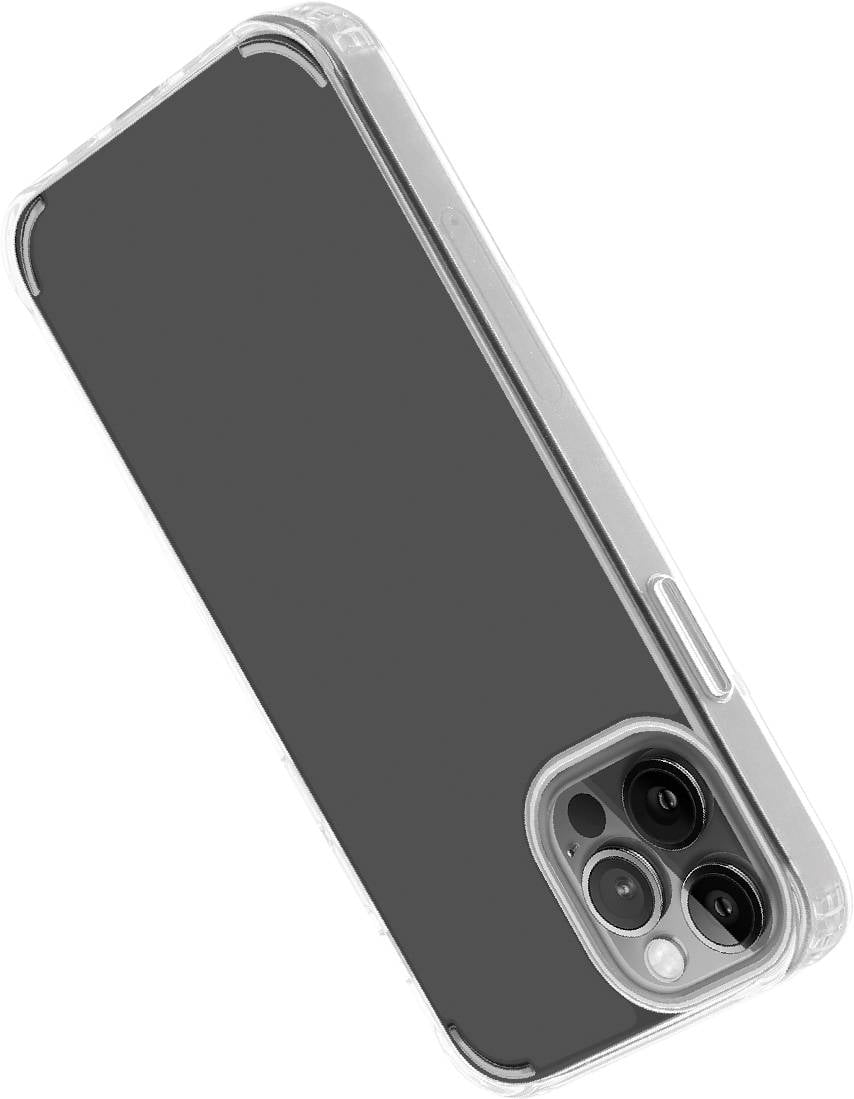 Mobile phone with a black case viewed from an angled overhead perspective. Three camera lenses are visible.