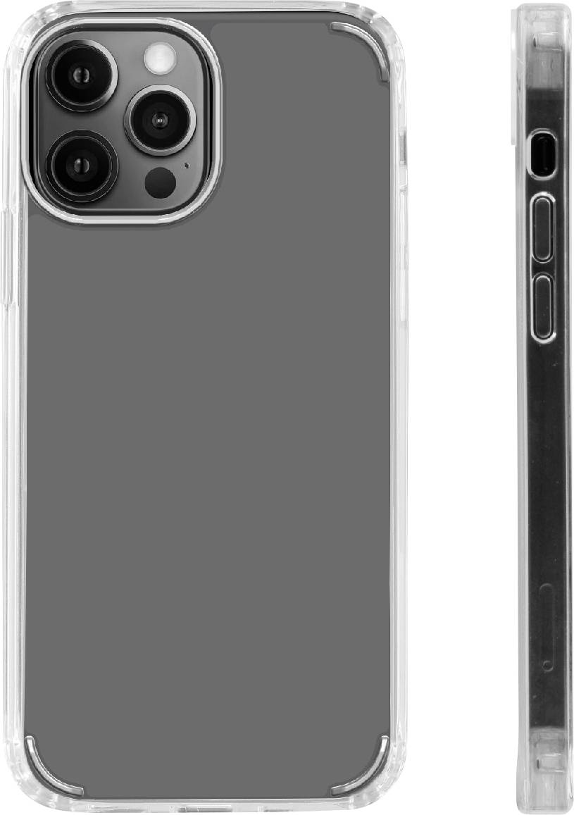 Clear phone case with grey smartphone viewed from the back and side, showing camera cutouts and side buttons.