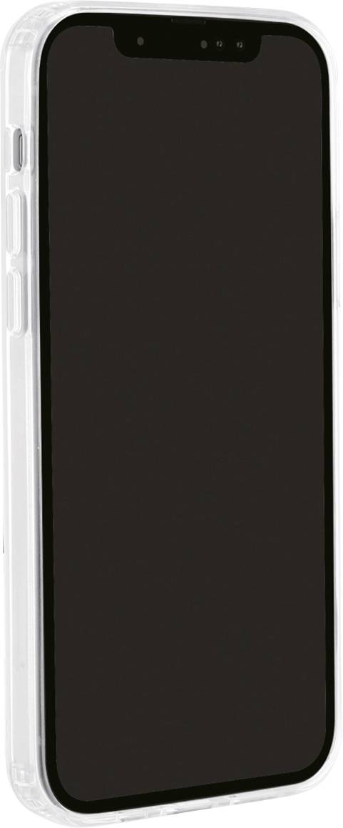 A mobile phone with a black screen and a clear protective case.