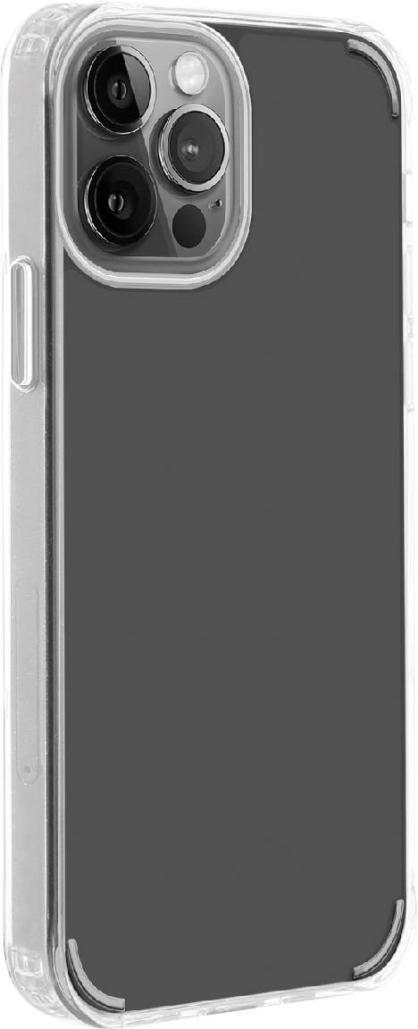 Translucent phone case with a black back, suitable for a smartphone with three large camera modules in the top corner.