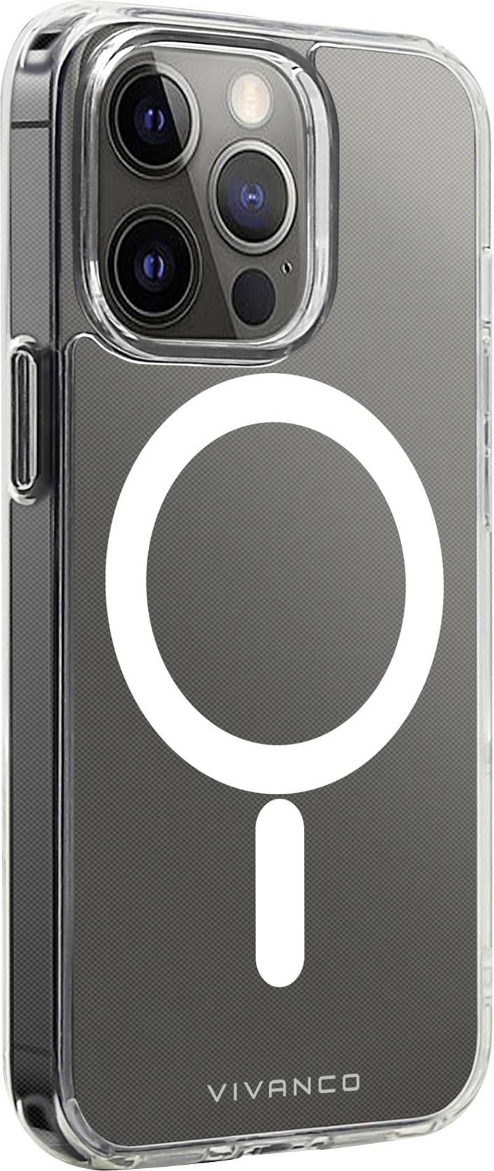 Smartphone in a transparent case with a white circular pattern on the back. Four camera lenses and LED flash are visible.