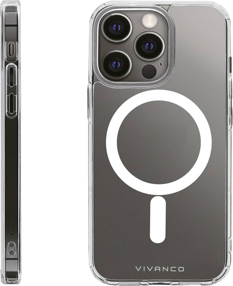 Transparent mobile phone case with large camera lens cut-out and circular MagSafe-compatible design, by Vivanco.