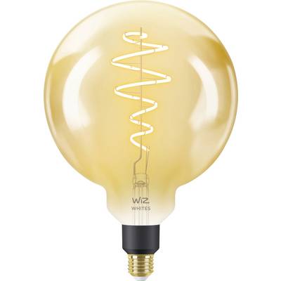A round, gold-coloured light bulb with a visible spiral-shaped filament and the inscription 'WiZ WHITES' on the base.