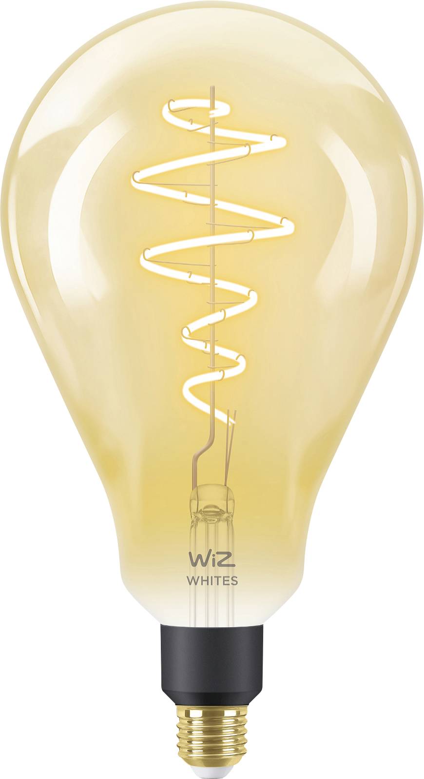 A light bulb with visible, illuminating spiral filament technology from Wiz. The bulb has an amber-tinted hue.