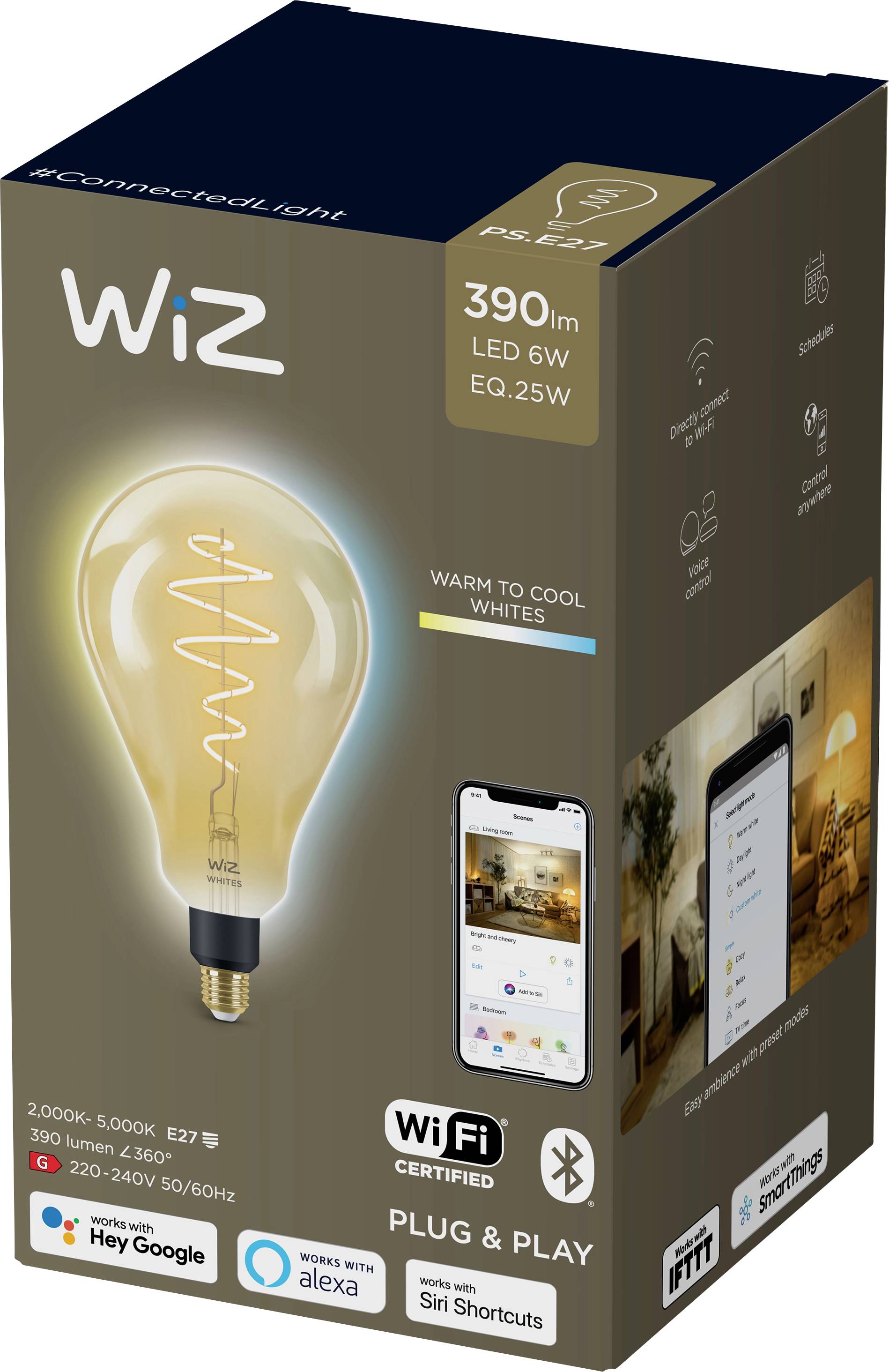 'Wiz' LED Light Bulb, 390 Lumens, 6W, E27. Compatible with Google, Alexa and Siri. Packaging displays app control and functional features.