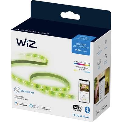 The packaging shows a 'WiZ LED Strip Starter Kit', measuring 2 metres and offering 16 million colours. Two apps are depicted on the box.