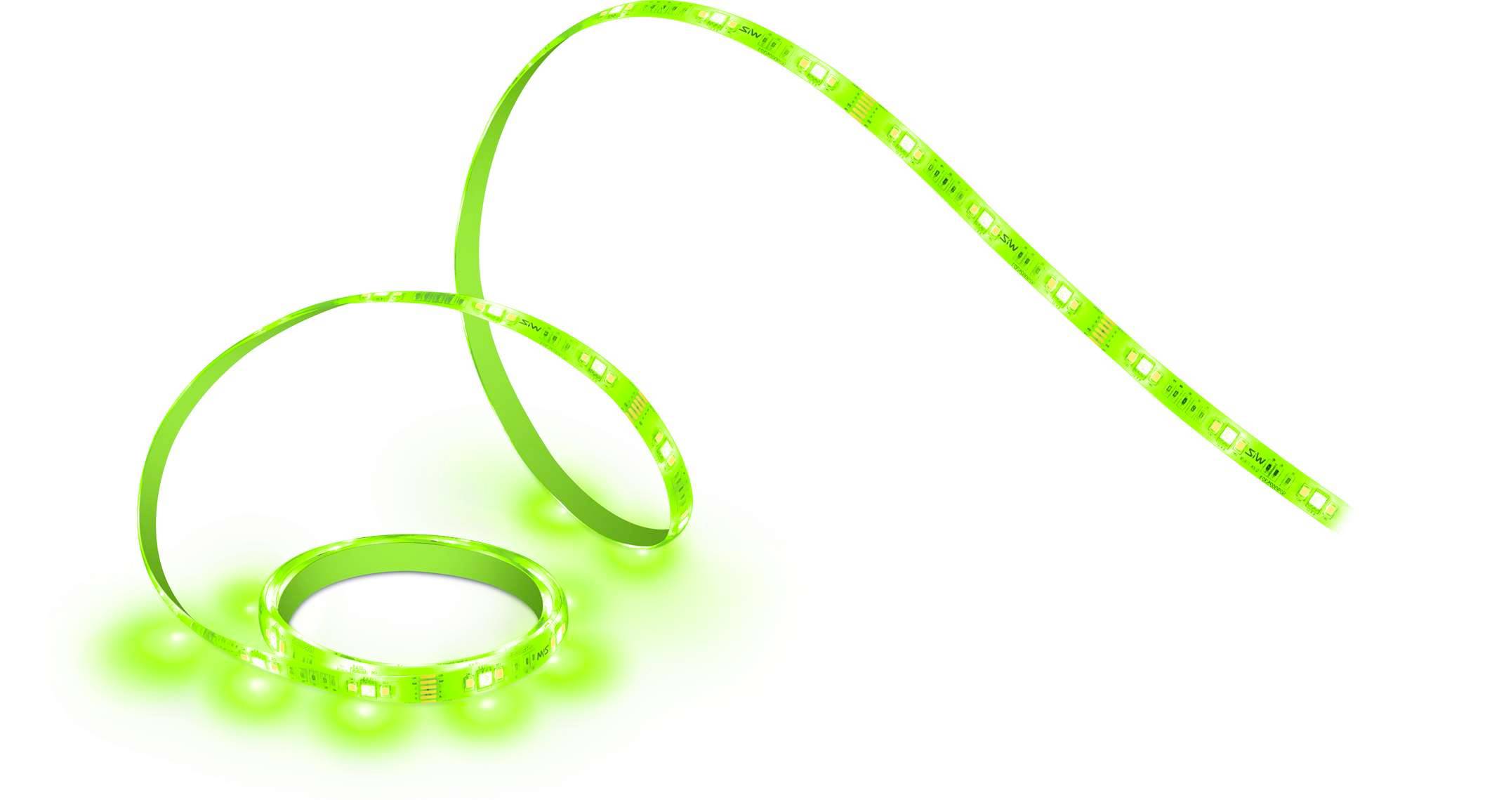 Green LED light strip, arranged in a spiral configuration, on a white background.