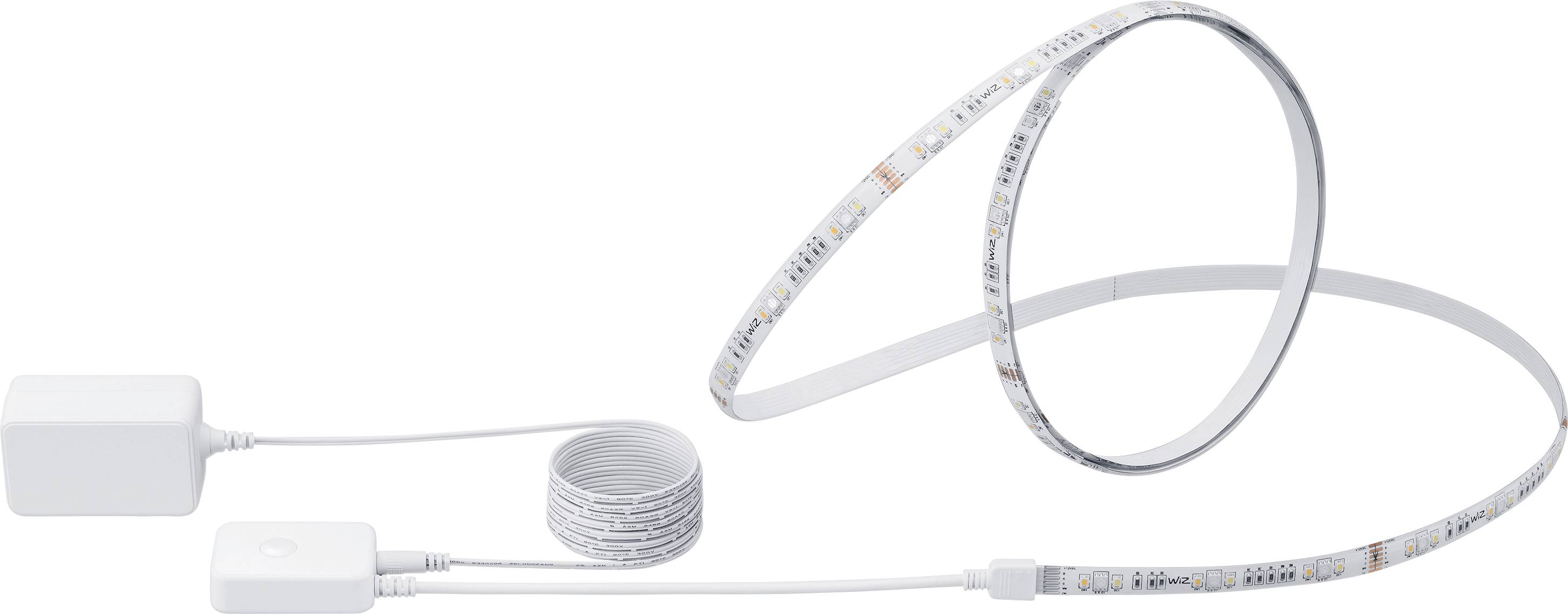 A flexible white LED light strip, partially rolled up, with connected power supply and controller. Suitable for lighting.