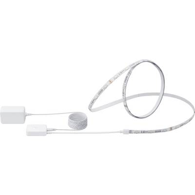 A flexible white LED light strip, partially rolled up, with connected power supply and controller. Suitable for lighting.